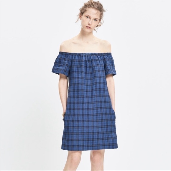 MADEWELL Plaid Off the Shoulder Dress Blue Black Sheath Dress with Pockets - Picture 3 of 9